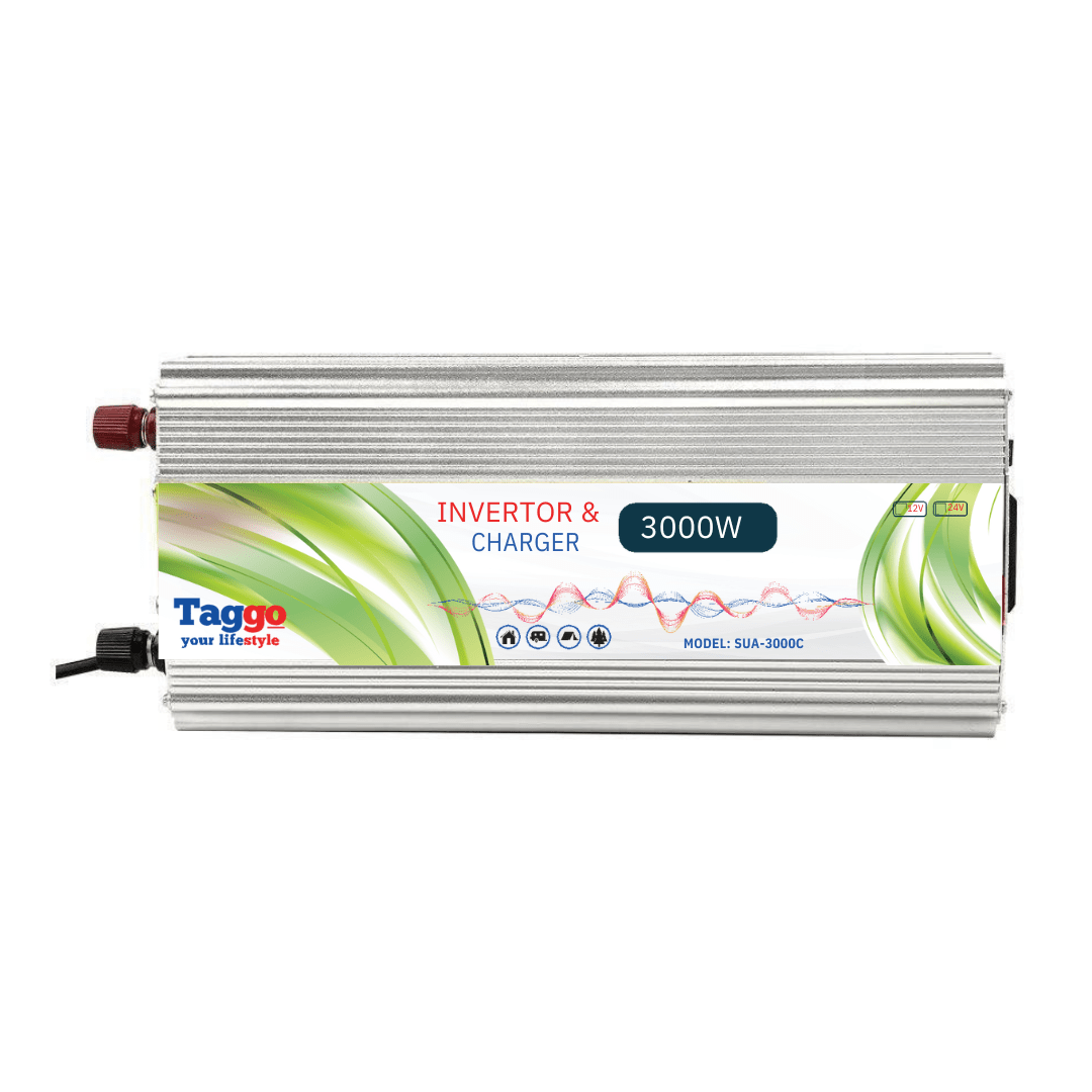 Invertor 2 în 1 Taggo.ro, 3000W, 12V/220V, cu încărcător baterii auto și port USB, funcție UPS pentru energie de rezervă.