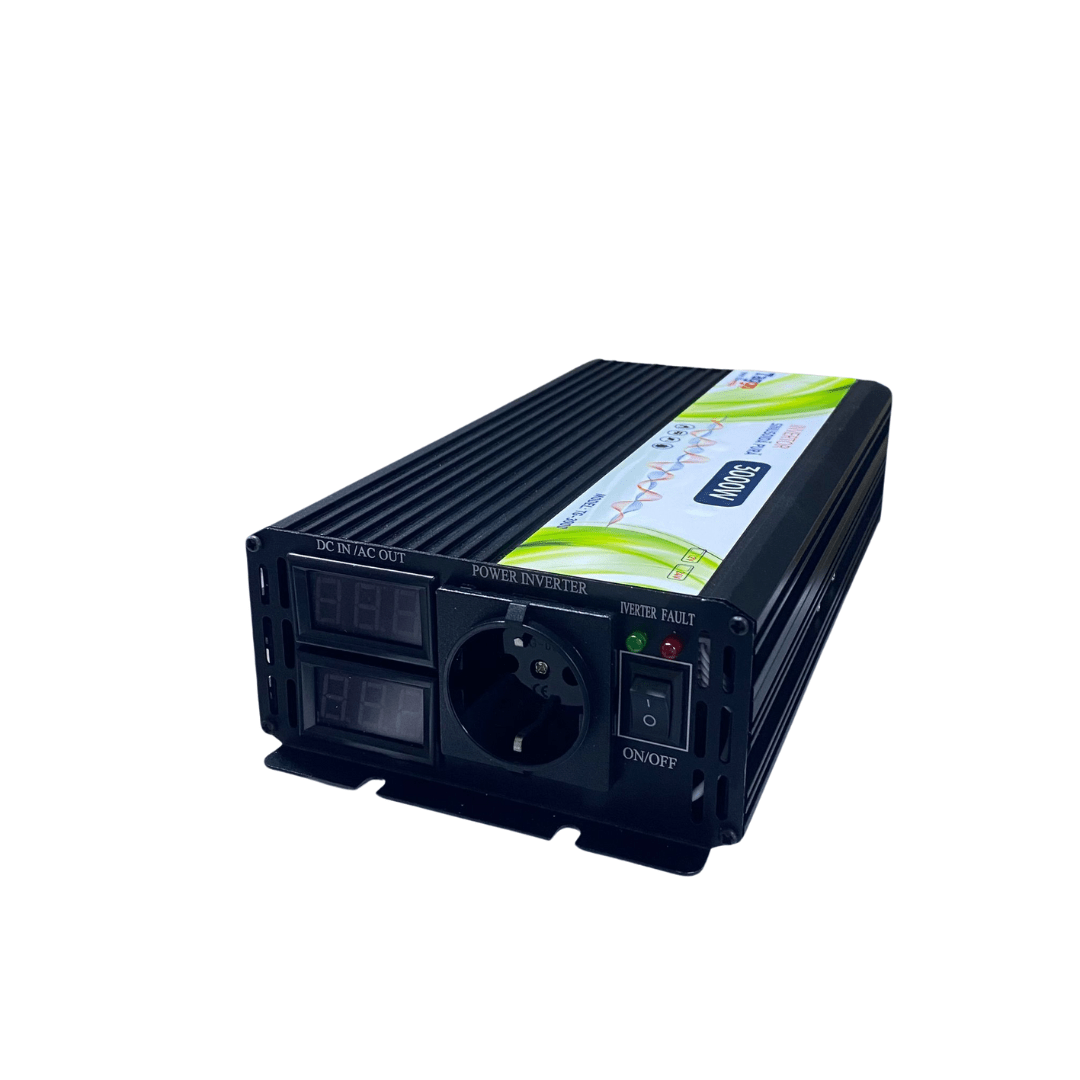 Invertor Taggo 3000W 12V-220V cu undă sinus pur pentru rulote, casă sau cabană, imagine cu design modern și detalii tehnice.