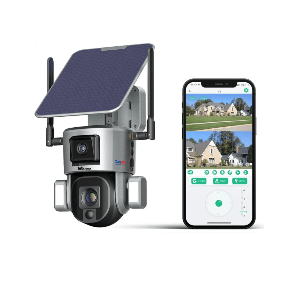 Camera video supraveghere wireless WISTINO 4K Ultra HD cu dual camera, zoom 4X, rezistentă la apă IP66, control din aplicație.