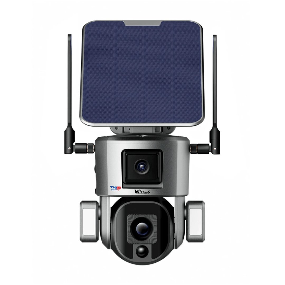 Camera video de supraveghere wireless WISTINO 4K Ultra HD cu dual camera 4MP+4MP, zoom 4x, incarcare solară și rezistență IP66.