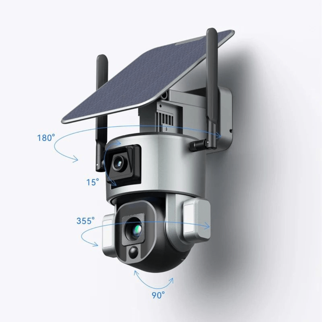 Camera video supraveghere wireless WISTINO 4K Ultra HD cu dual camera, zoom 4x, alimentare solară și rezistență IP66, rotire din aplicație.
