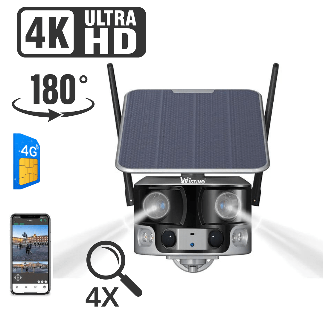 Camera supraveghere solară Taggo 4G 4K 8MP cu zoom 4x, panou solar 6W, baterie 21700 mAh, fără fir, pentru monitorizare panoramică