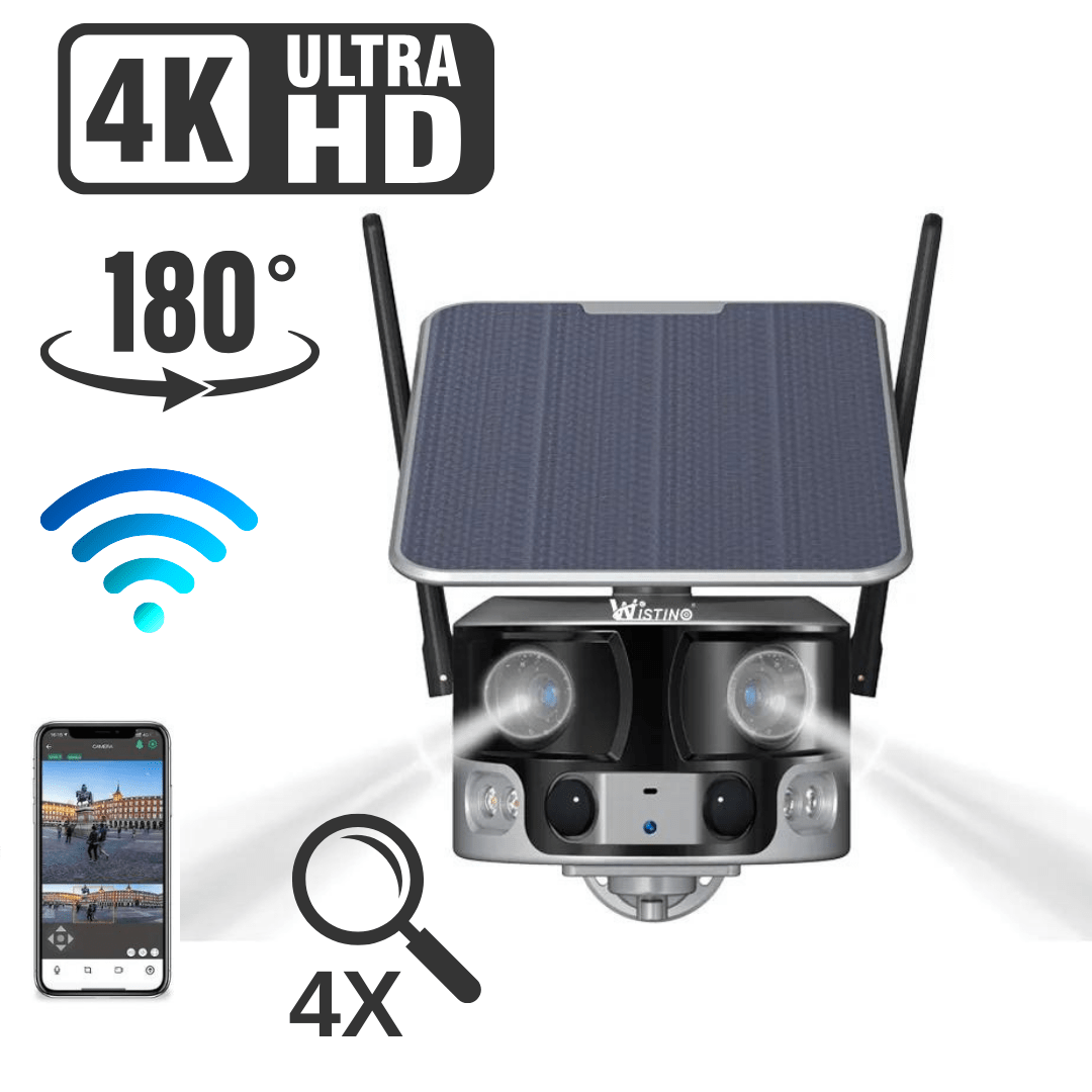 Camera de supraveghere exterior WiFi Taggo, panoramică 4K, zoom 4X, panou solar, fără fire, aplicație, design modern.
