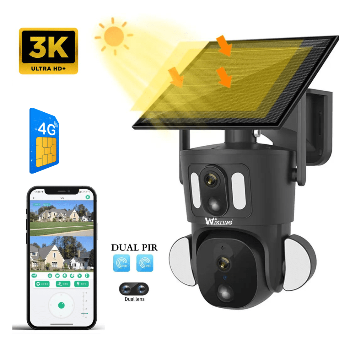 Camera supraveghere Taggo cu dual 6MP, 4G, 3K Ultra HD, incarcare solară, rotire din aplicație și rezistență IP66