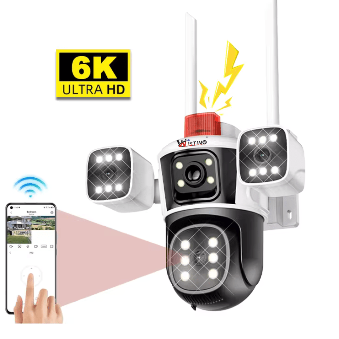Camera de supraveghere WIFI 6K Crocodil Taggo.ro, 12MP, cu 3 lentile, control aplicație și urmărire automată.