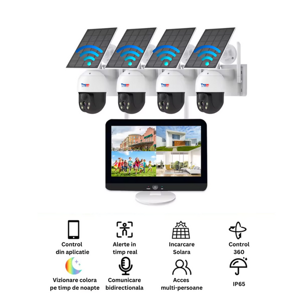 Sistem Supraveghere 4 Camere Exterior 360 Wireless Profesional cu Incarcare Solara, 4 Canale HD 4MP Wireless Monitor LCD IR 30m
