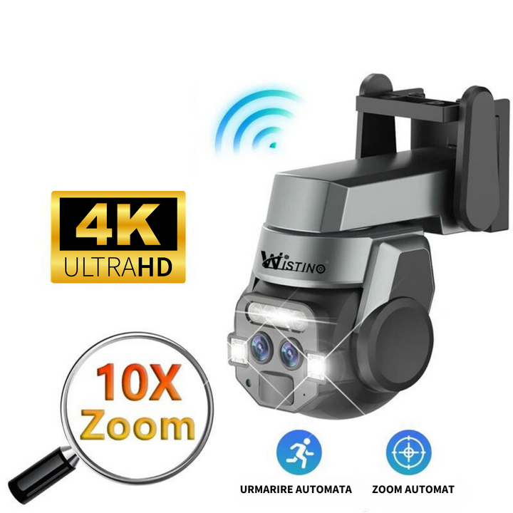 Camera Supraveghere WIFI, 4K, 3MP+3MP, Urmarire automata, 10X ZOOM Automat, Rezistenta La Apa IP 66 - Taggo.ro