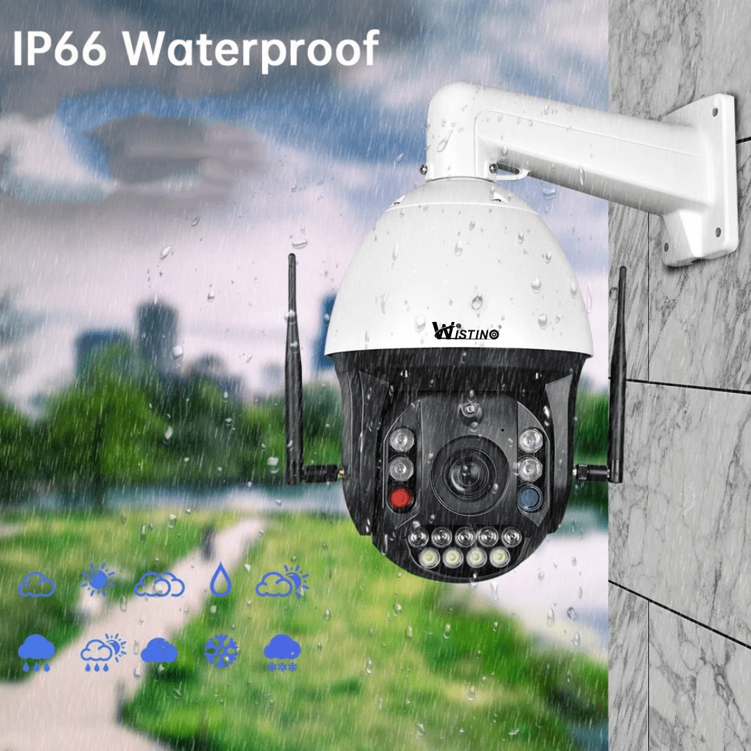 Camera de supraveghere WiFi 4K Ultra HD, zoom optic 99x, rotire 360° din aplicație, rezistentă la apă IP66, marca Taggo.
