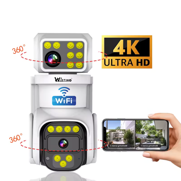 Camera de supraveghere WIFI 4K, 8MP, 2 lentile, Rezistenta la apa IP66, Control din aplicatie, Urmarire automata - Taggo.ro