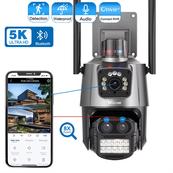 Camera de supraveghere WIFI 5K, 3 lentile, Zoom 8X, Control din aplicatie, Urmarire automata, Rezistenta la apa IP66 - Taggo.ro