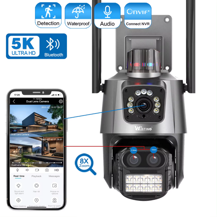 Camera de supraveghere WIFI 5K, 3 lentile, Zoom 8X, Control din aplicatie, Urmarire automata, Rezistenta la apa IP66 - Taggo.ro