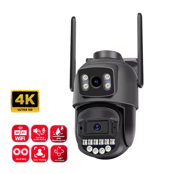 Camera de supraveghere WIFI 4K, 8MP, 2 lentile, Urmarire automata, Control din aplicatie, Rezistenta la apa IP66 - Taggo.ro