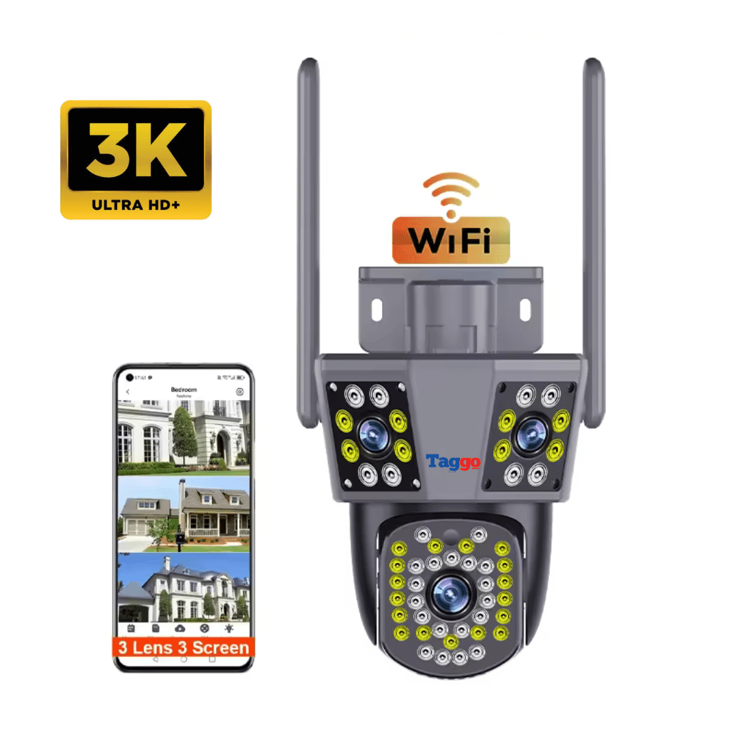 Camera de supraveghere WIFI 3K Taggo.ro cu 3 lentile, control din aplicație, urmărire automată și rezistență IP66.