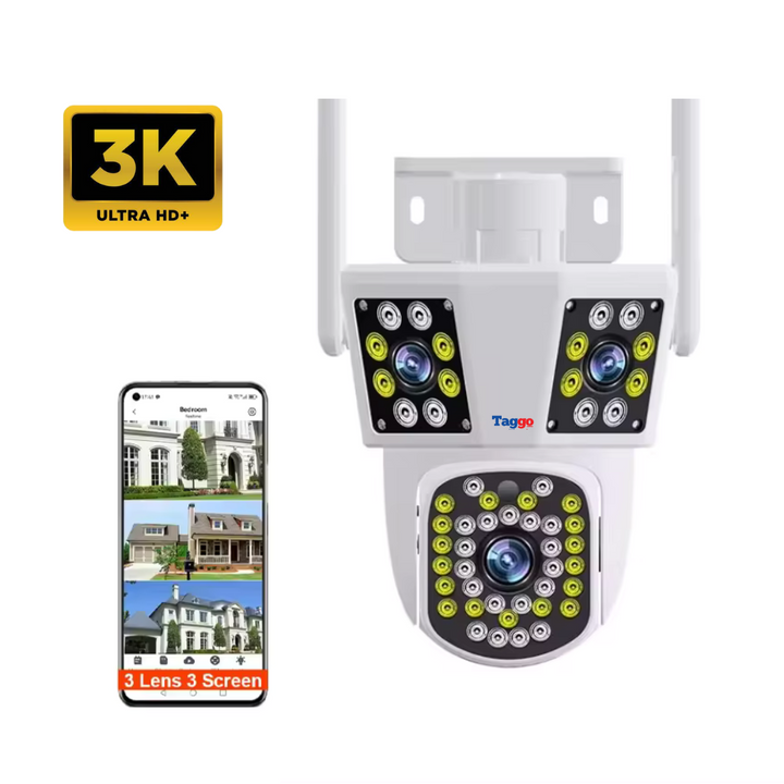 Camera de supraveghere WIFI 3K, 3 lentile, Control din aplicatie, Urmarire automata, Rezistenta la apa IP66 - Taggo.ro