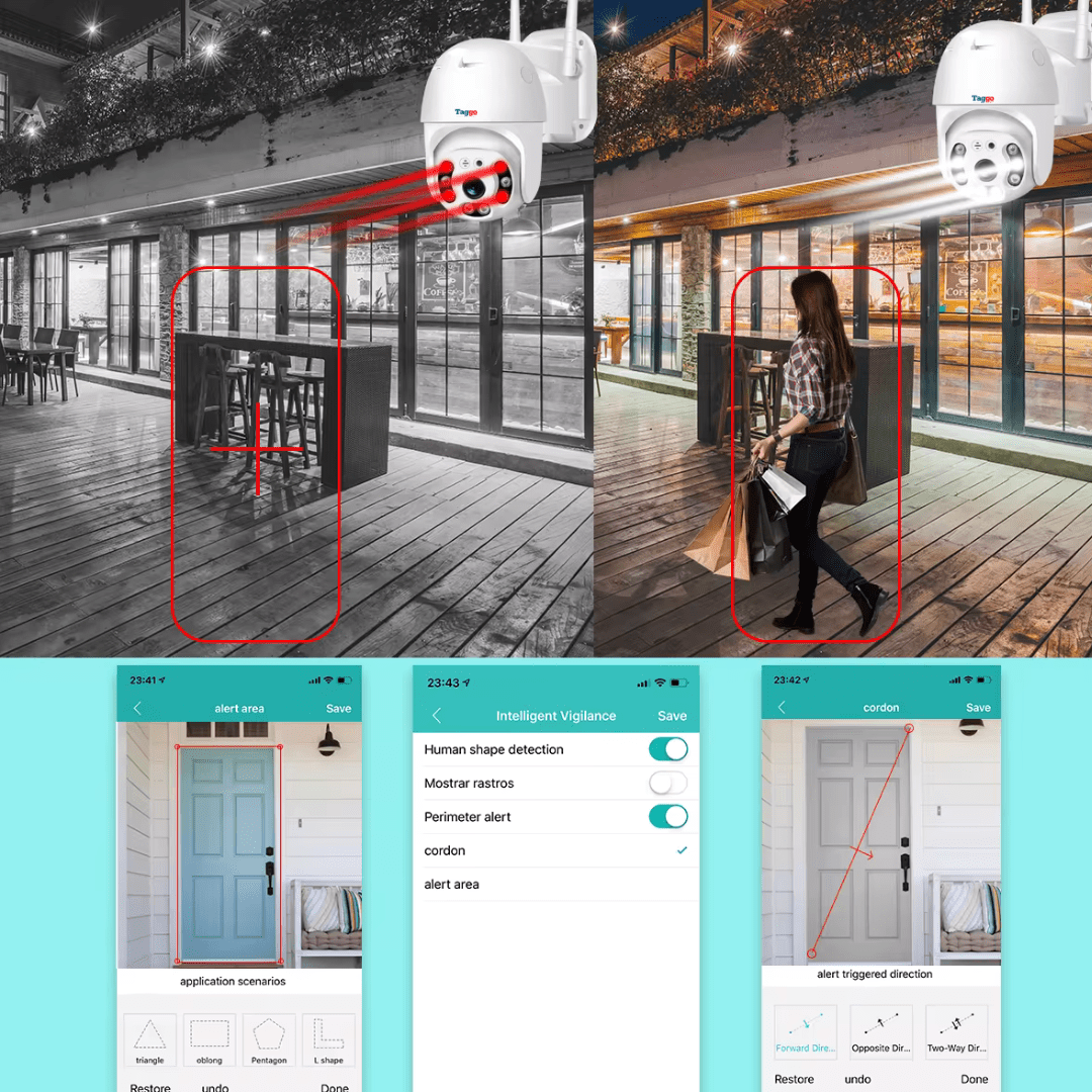 Camera de supraveghere WiFi Taggo, 5MP, rezistent la apă, rotire 360°, detectează forma umană, notificări pe telefon