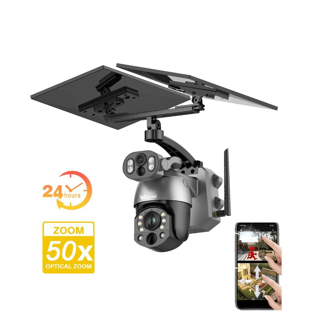 Camera supraveghere 4G 4K Ultra HD cu zoom optic 50X, dual lens, panou solar, rotire controlată din aplicație, IP66 rezistentă la apă