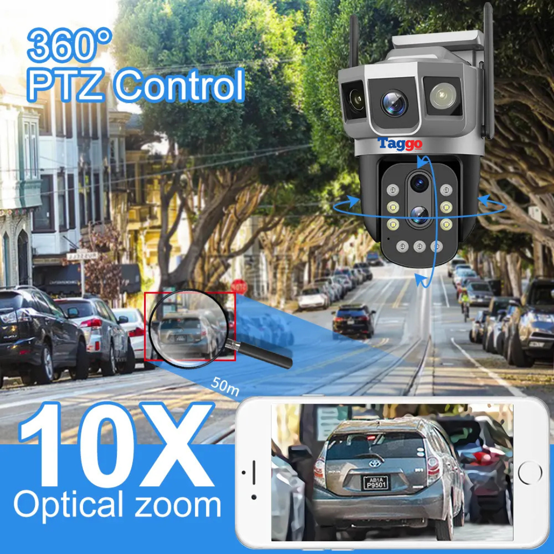 Camera de supraveghere 4G Taggo.ro cu 3 lentile, 6K, zoom 10x optic, notificări și control din aplicație, urmărire automată