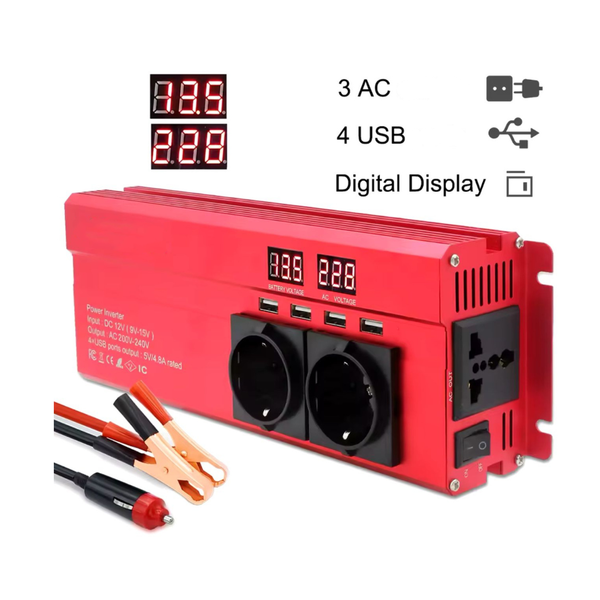 Invertor 12v 220v 2000w cu Display, 3 Iesiri AC Protectie Scurtcircuit 4 USB, Adaptor Auto Inclus