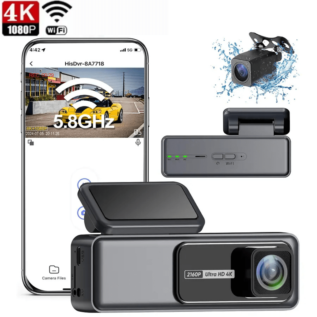 Camera auto 4K și spate 1080P DVR WiFi 5G, vizionare nocturnă, senzor GC4653, pentru înregistrare și monitorizare rutieră.