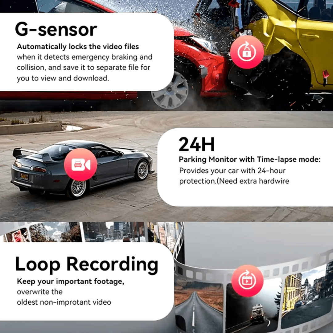 Camera auto 4K cu ecran LCD și cameră spate 1080P DVR WiFi, vizionare nocturnă și monitorizare parcare 24h.