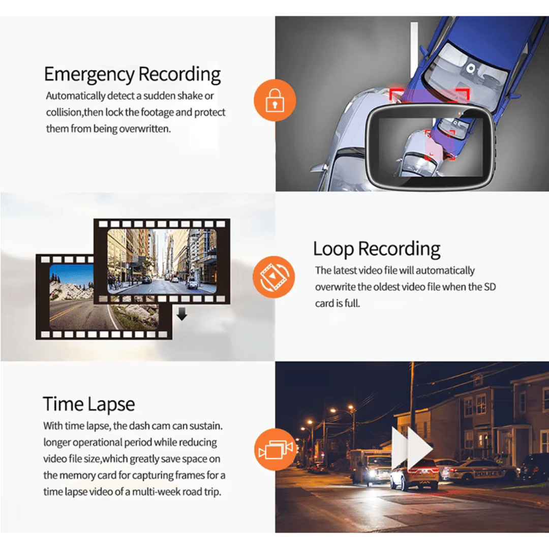 Camera auto 4K Taggo cu ecran LCD, cameră spate 2K și interior 1080P, vizionare nocturnă și senzor Sony IMX 335.
