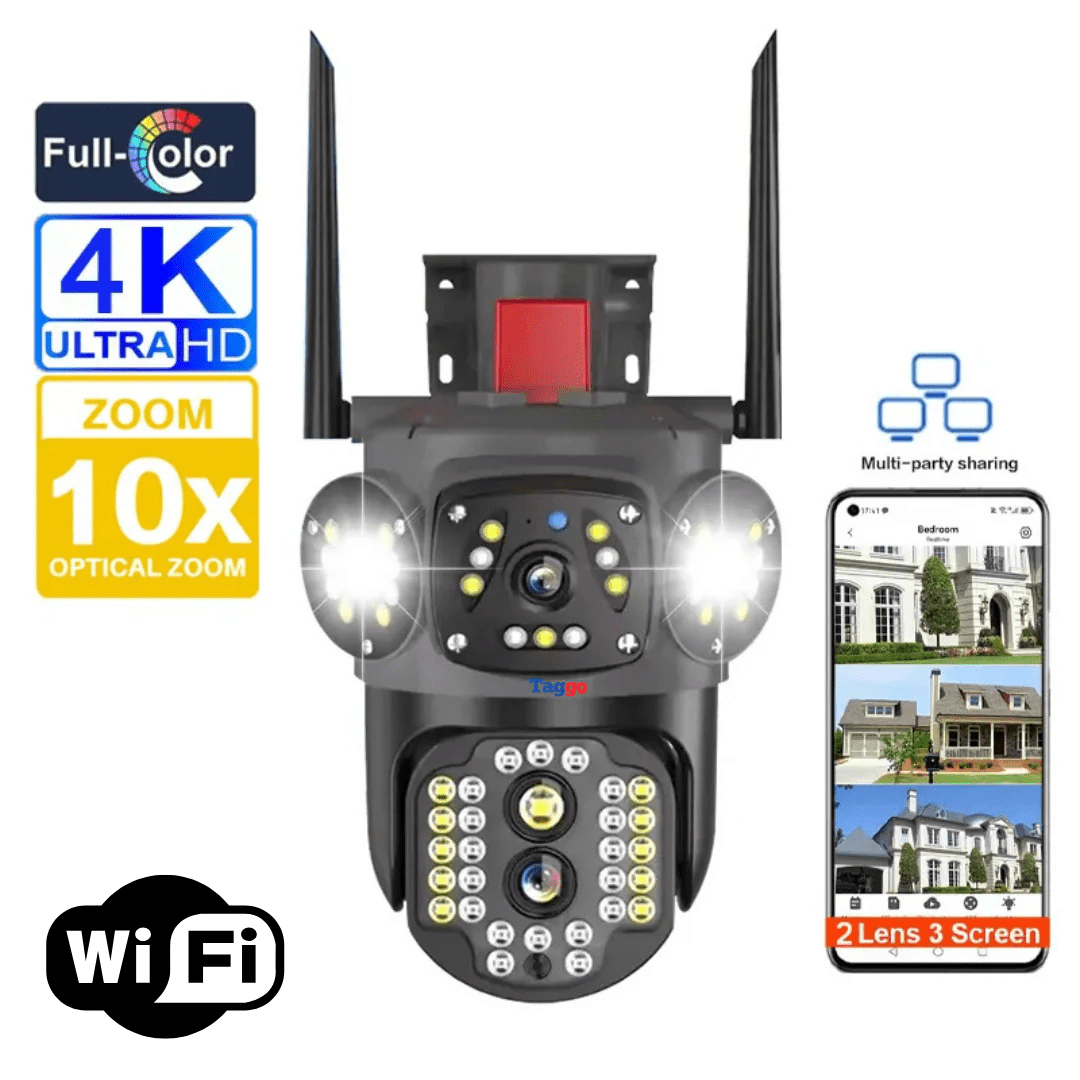 Camera de supraveghere WIFI Taggo cu zoom 10X, rezoluție 4K, detectie umană și urmarire automată, IP66, cu 3 ecrane.
