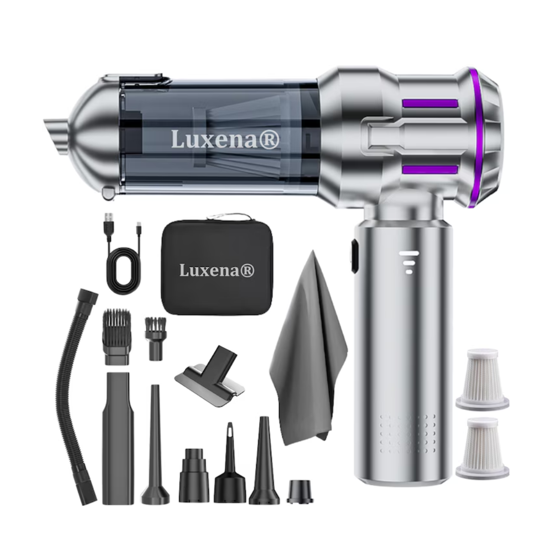 Aspirator auto portabil fără fir Taggo Luxena AirPro4, aspirare umedă/uscată, suflare, umflare, 110.000 rpm, accesorii, geantă, argintiu-mov