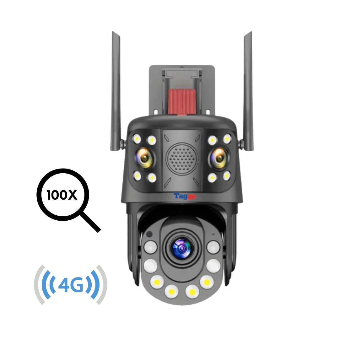 Imagine a camera de supraveghere 4G Taggo.ro cu două lentile, ecran sincronizat și zoom 100X pentru supraveghere panoramică.
