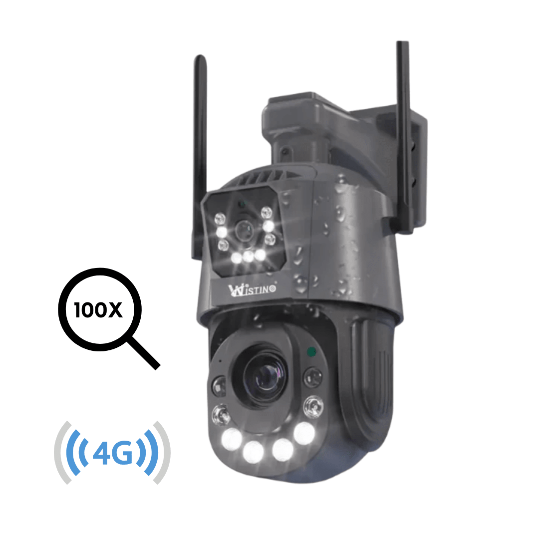 Camera de supraveghere 4G Taggo cu dual-lentile, control din aplicație, rezistentă IP66, detectare umană și zoom panoramic.