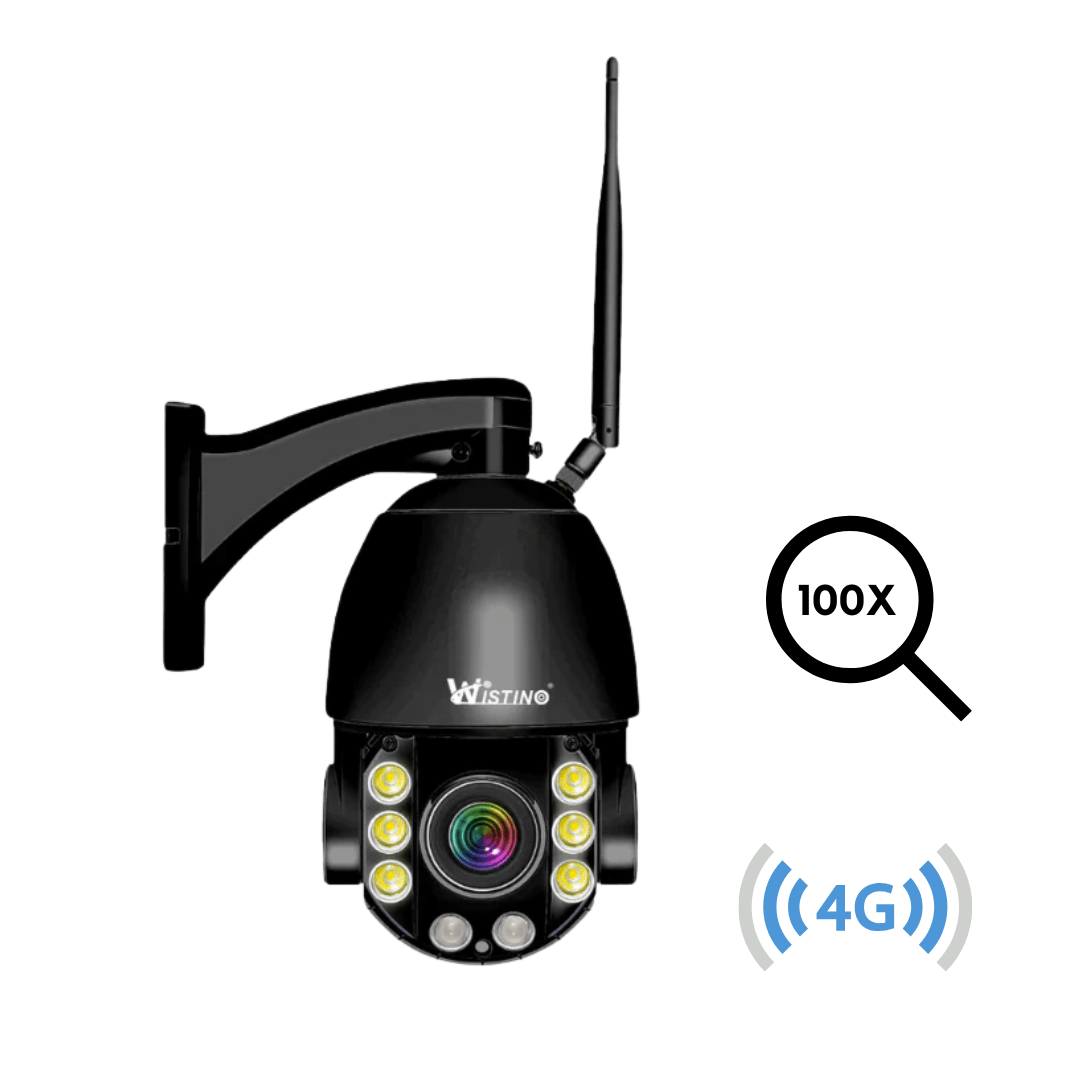 Camera supraveghere 4G 4K Ultra HD, zoom optic 100X, rotire din aplicație, rezistentă la apă IP66, cu vizualizare panoramică.