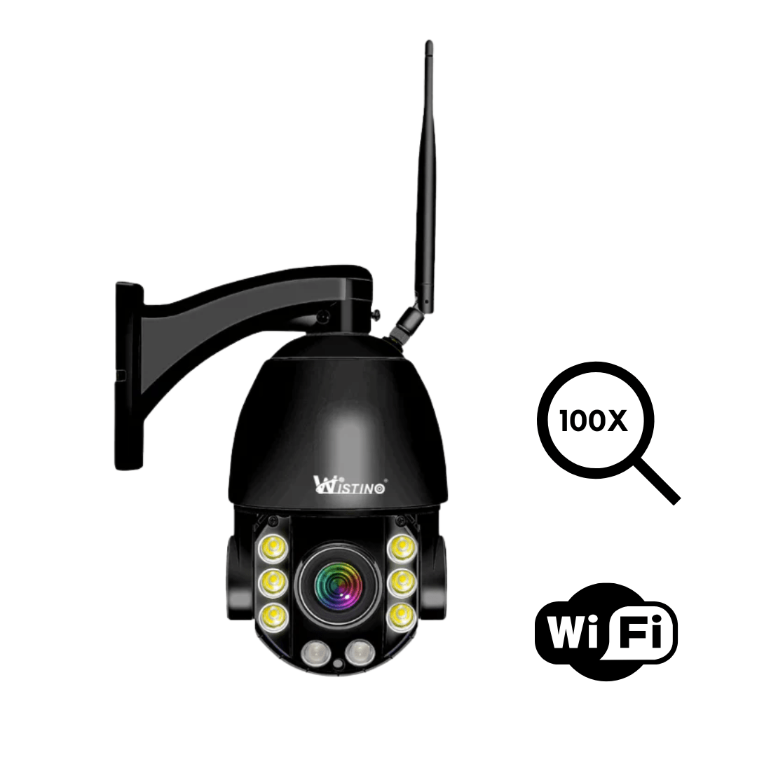 Imagine de cameră supraveghere WiFi 4K Ultra HD cu zoom optic 100X, rotire din aplicație și rezistență IP66, cu dublă lentilă.