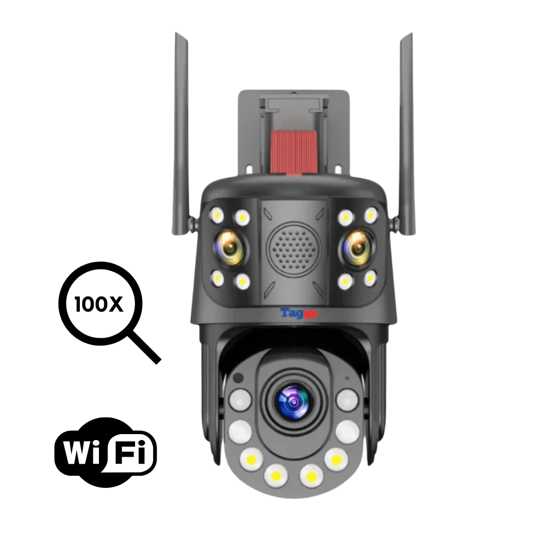 Camera de supraveghere WIFI 4K Taggo.ro cu zoom 100X, 3 lentile, control app, detectie umană și rezistentă la apă IP66.