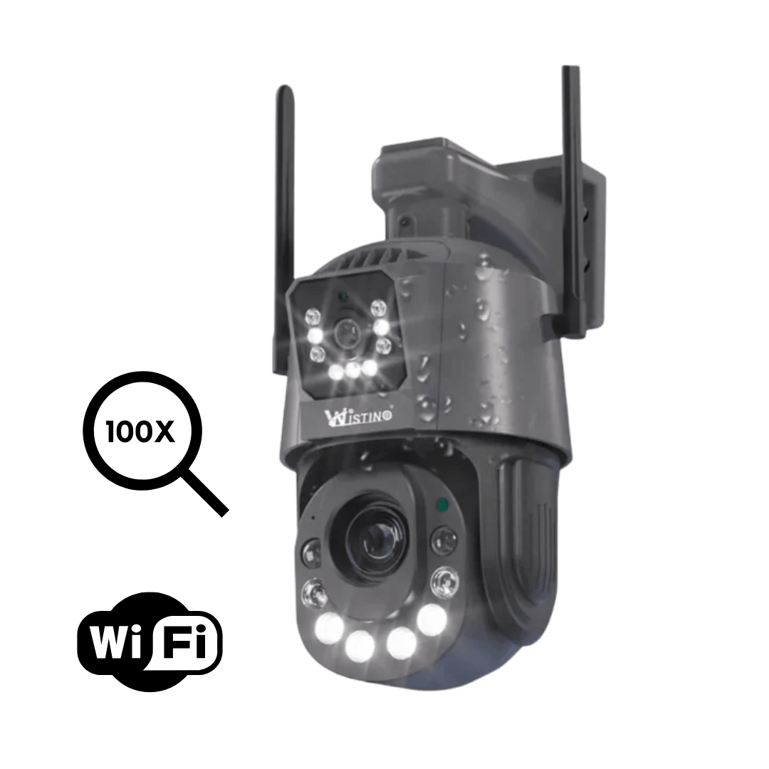 Camera de supraveghere WIFI 6K Taggo cu 2 lentile, control din aplicație, detectie umană și rezistență IP66, previzualizare panoramică.