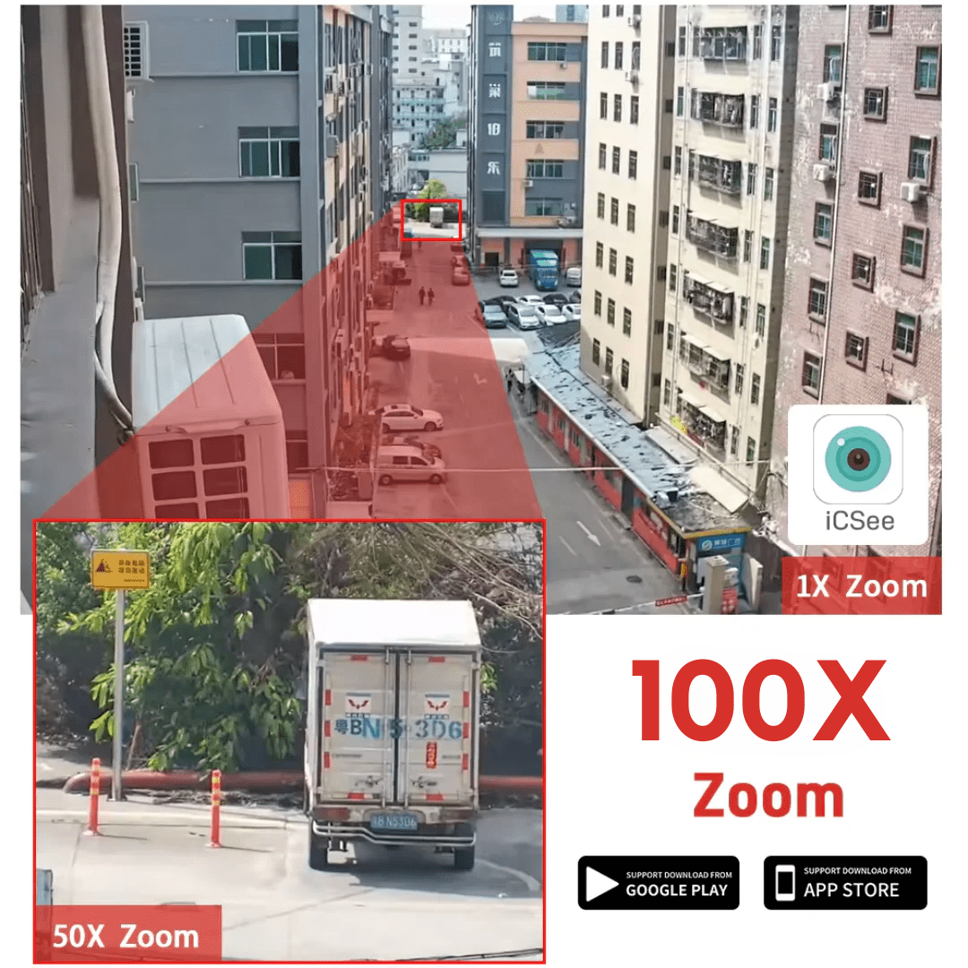 Camera supraveghere 4G 4K Ultra HD, zoom optic 100X, rotire din aplicație, rezistentă la apă IP66, cu vizualizare panoramică și dual-lens.