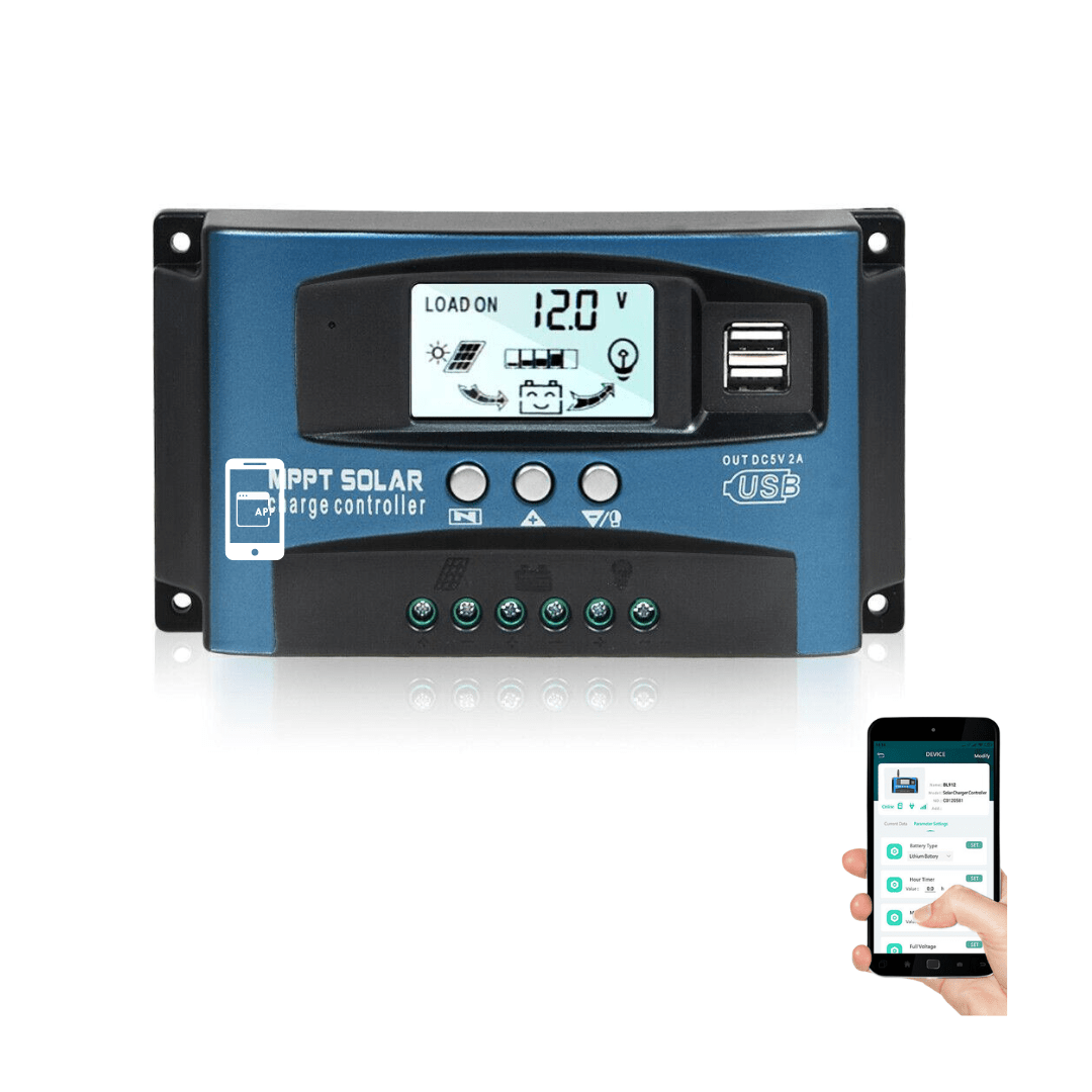 Controller solar Taggo MPPT/PWM de 100A, 1200W/12V sau 24V, cu display LCD și control din aplicație, dual USB.