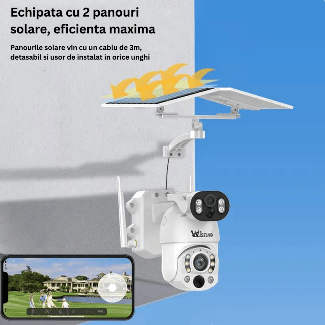 Camera supraveghere 4G 4K Ultra HD cu zoom optic 50X, dual lens, panou solar, rotire din aplicație și rezistență la apă IP66.