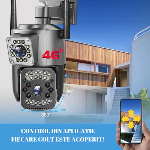 Camera de supraveghere Taggo 4K 8MP cu 2 lentile, control din aplicație, rezistentă la apă IP66 și urmărire automată.
