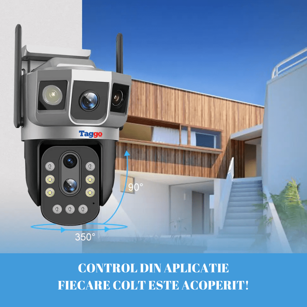 Camera de supraveghere 4G Taggo.ro cu 3 lentile, rezoluție 6K, zoom 10x optic, notificări și control din aplicație