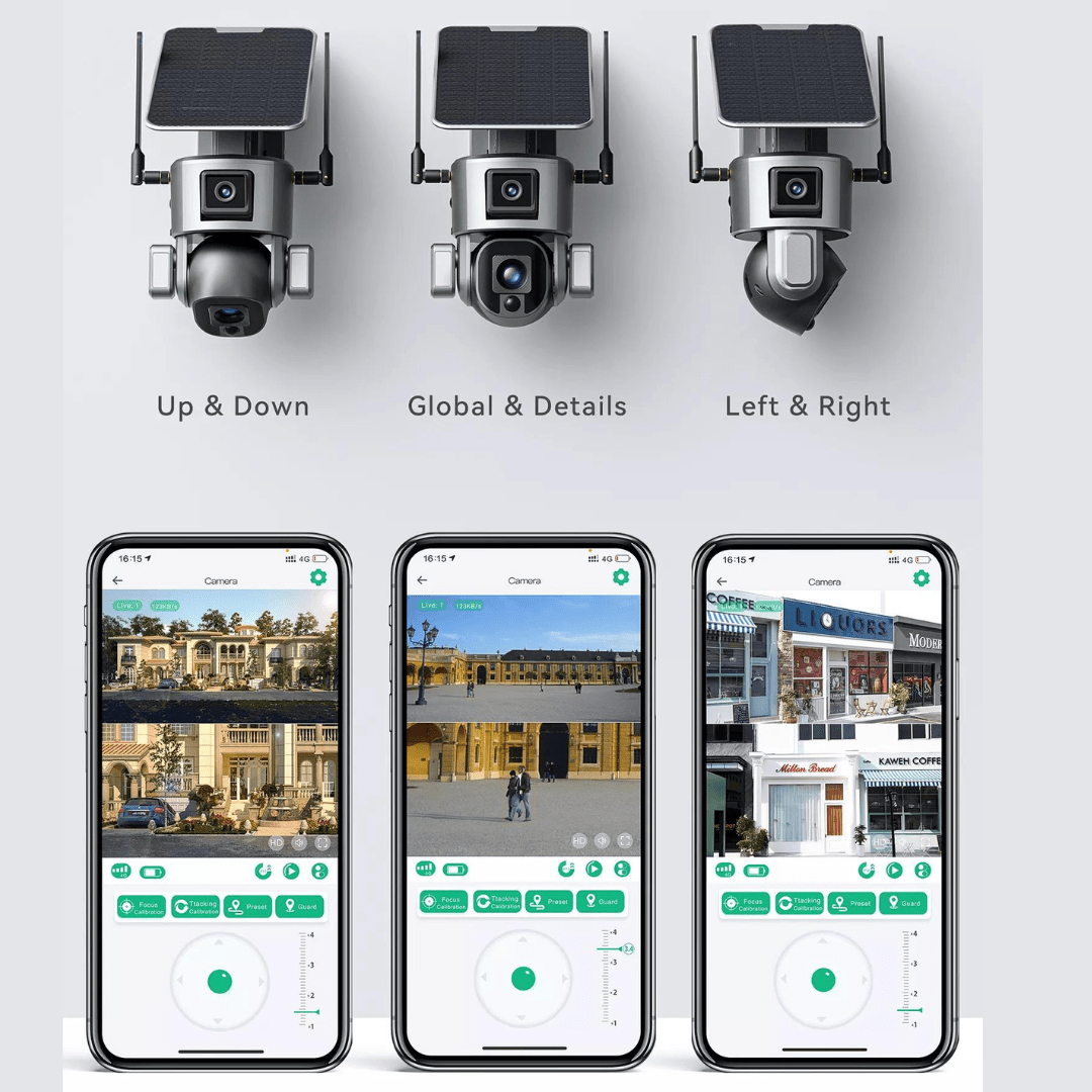 Camera supraveghere wireless exterior WISTINO 4K, duală, lentilă 6mm, incarcare solară, rotire din aplicație, rezistentă IP66
