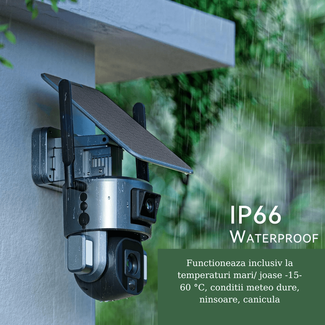 Camera supraveghere wireless exterior WISTINO 4K, duală, cu lentilă de 6mm, rezistentă la apă IP66 și încărcare solară.