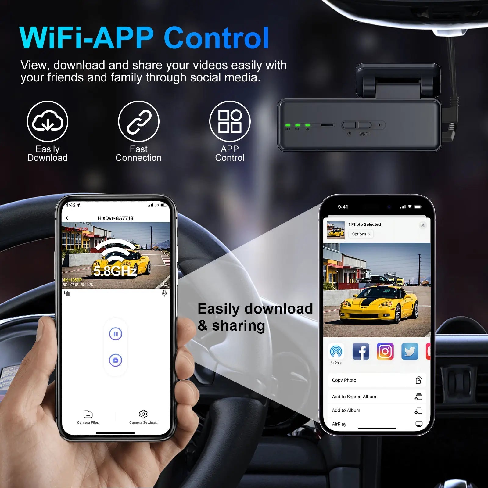 Camera auto 4K cu cameră spate 1080P, DVR WIFI 5G, vizionare nocturnă, senzor GC4653, pentru monitorizare vehicul.