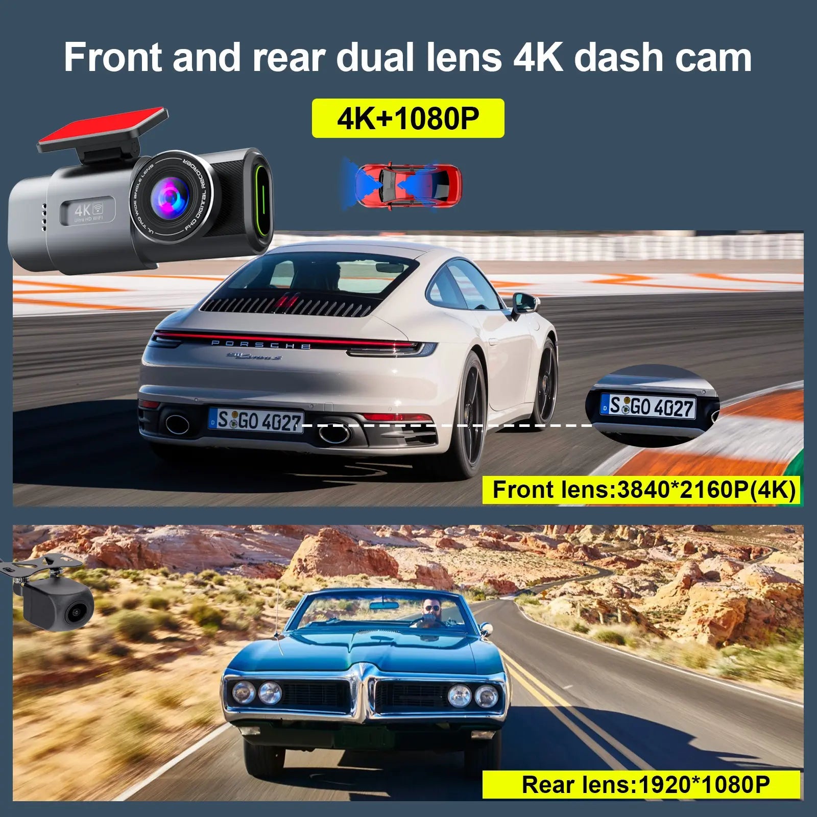 Camera auto 4K Taggo cu ecran LCD și cameră spate 1080P, vizionare nocturnă și monitorizare parcare 24h.