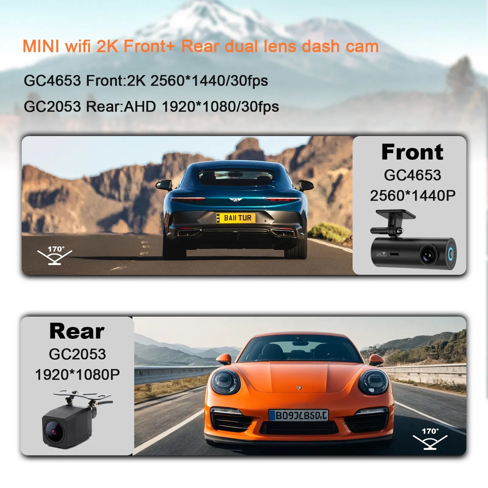 Camera auto Taggo.ro cu DVR WiFi 2K și cameră spate 1080P, vedere nocturnă și monitorizare parcare 24H, senzor GC4653.