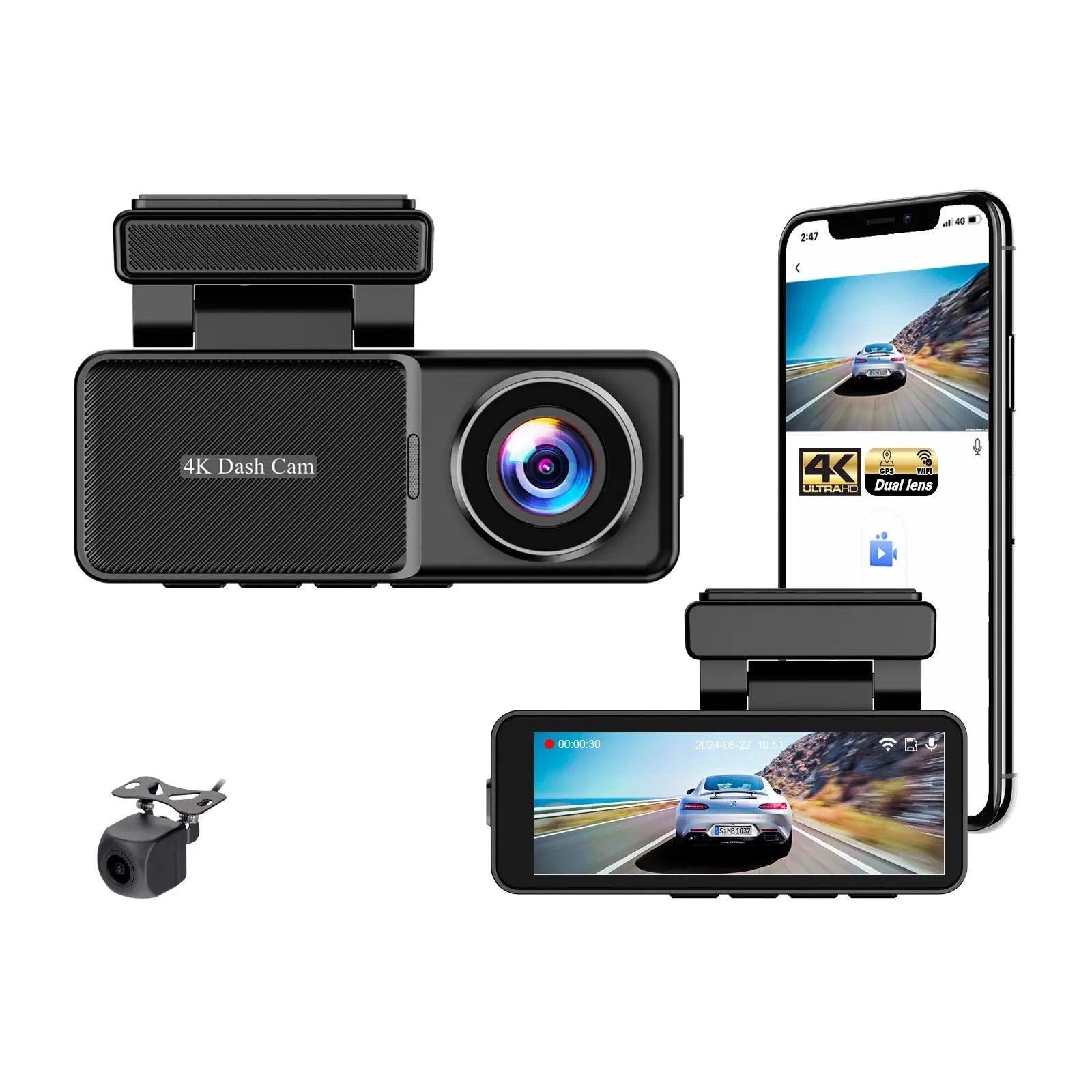 Camera auto 4K Taggo cu ecran LCD, cameră spate 1080P, DVR WiFi, GPS și vizionare nocturnă, senzor SGC4663