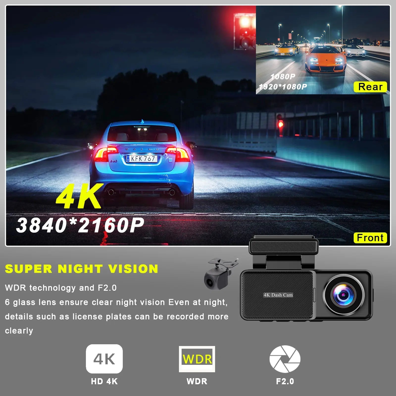 Camera auto 4K cu ecran LCD și cameră spate 1080P, DVR WiFi, GPS, vizionare nocturnă și senzor SGC4663.