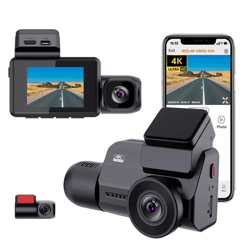 Camera auto 4K Taggo cu ecran LCD, cameră spate 2K și interior 1080P, vizionare nocturnă, senzor Sony IMX 335.