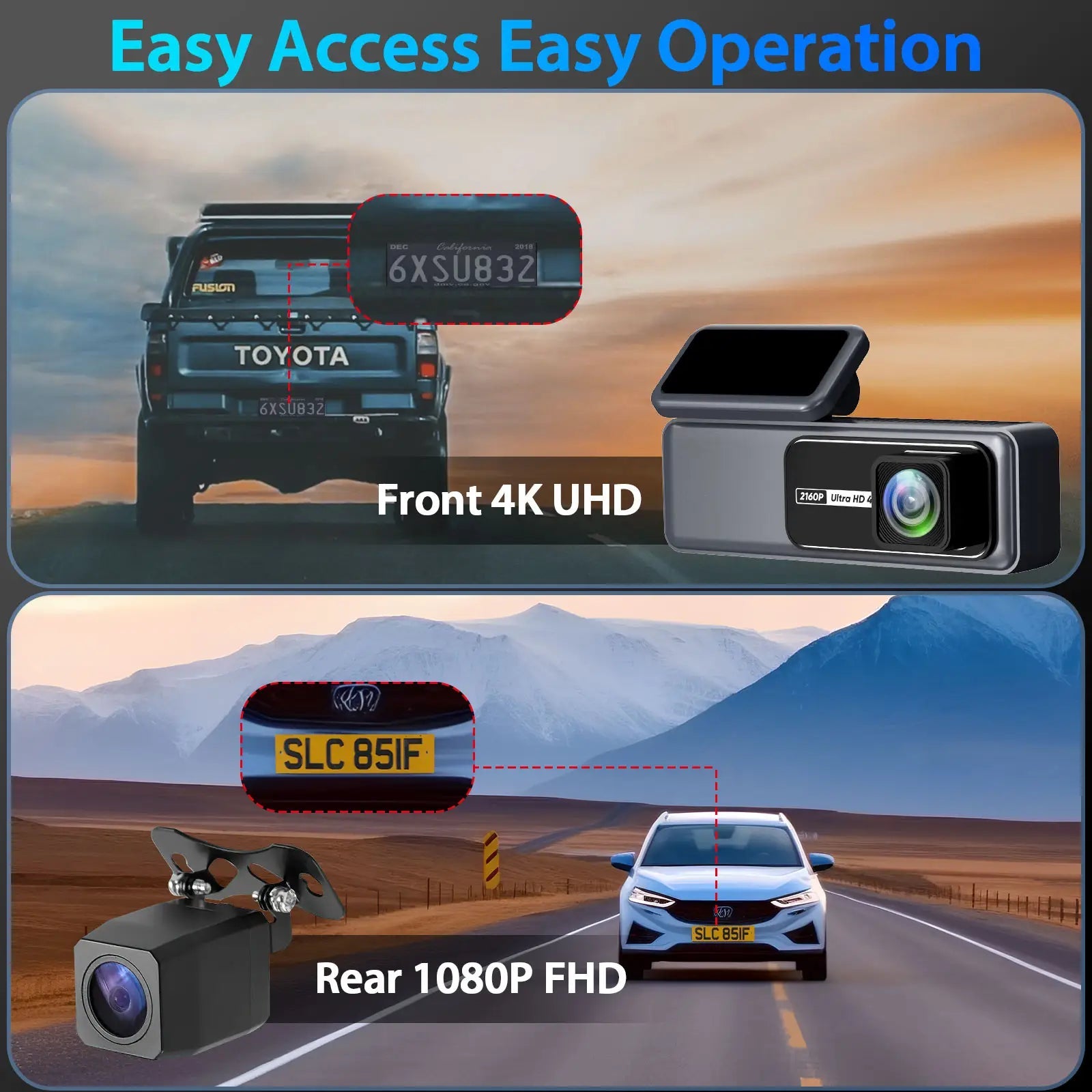 Camera auto 4K cu cameră spate 1080P, DVR WiFi 5G, vizionare nocturnă și senzor GC4653, pentru înregistrare vehicul.