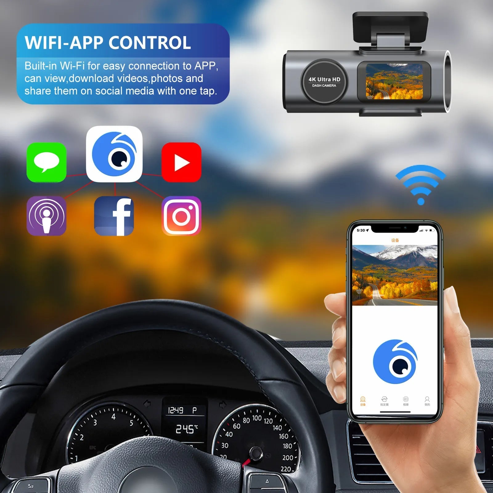 Camera auto 4K Taggo cu ecran LCD și cameră spate 1080P, vizionare nocturnă și monitorizare parcare 24h