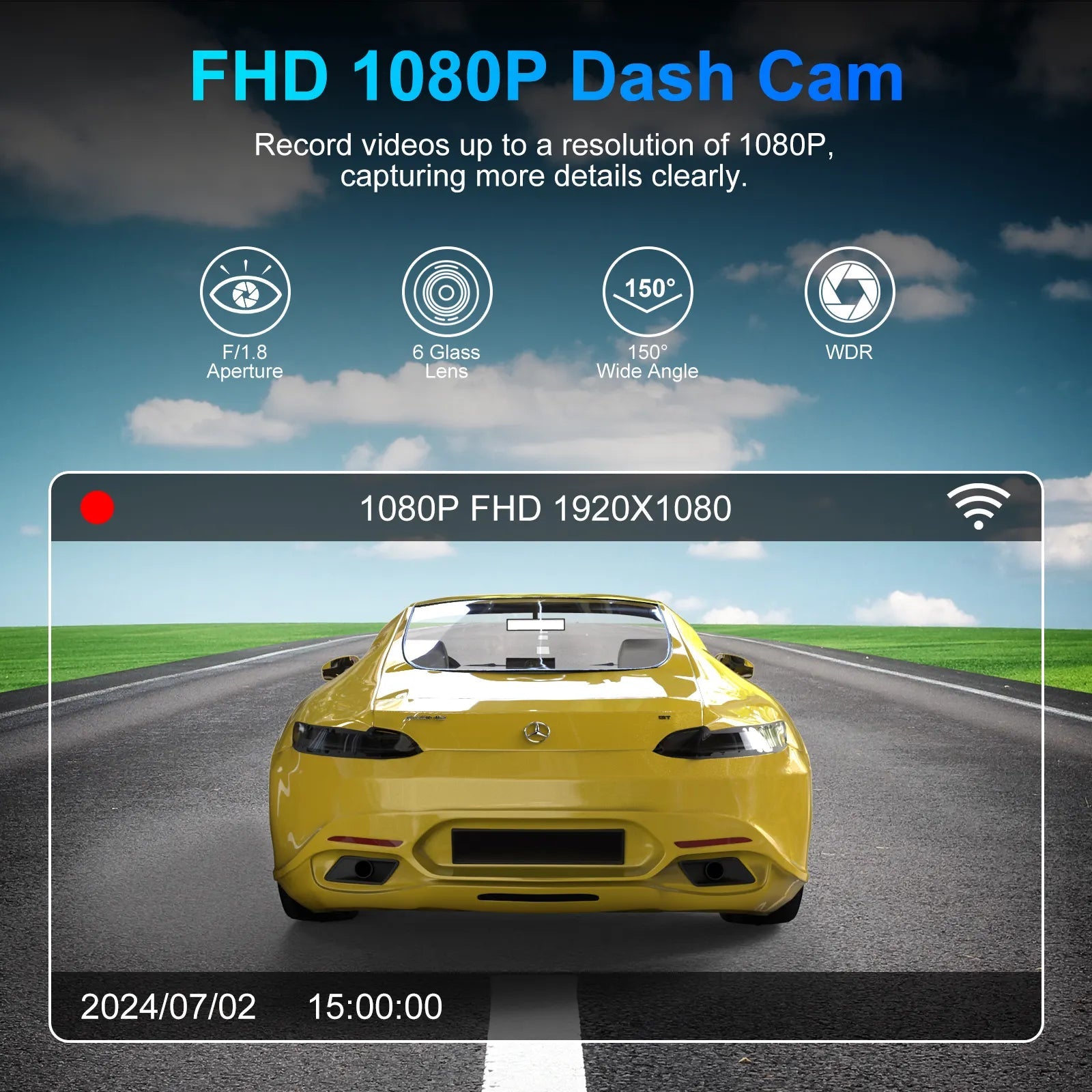 Camera auto DVR WiFi Taggo cu vizionare nocturnă, unghi 150°, Full HD 1080P și senzor GC2083, pentru înregistrări clare în trafic.