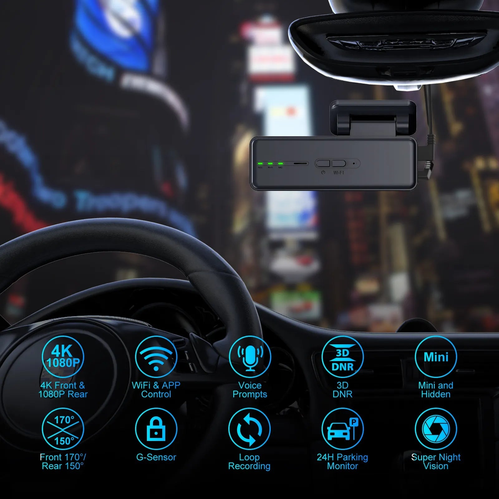 Camera auto 4K cu cameră spate 1080P DVR WiFi 5G, vizionare nocturnă și senzor GC4653, pentru monitorizare vehicul.